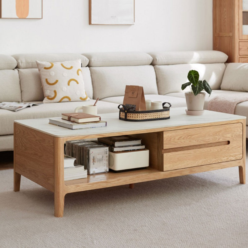 White + Burlywood Sintered Stone + Solid Wood Rectangular Coffee Table, 17.72" H x 53.15" L x 25.59" W