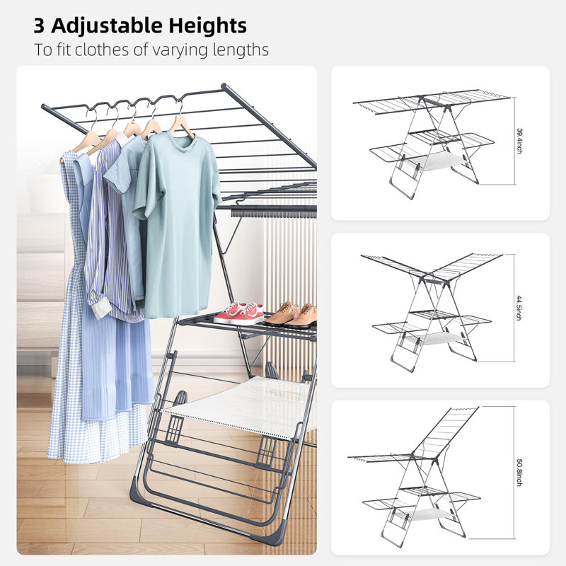 Clothes Drying Rack, Foldable 2-Level Laundry Racks For Drying Clothes Rack,Stainless Steel Drying Rack Clothing Collapsible For Indoor Outdoor,With Height-Adjustable Wings,33 Drying Rails,(Grey)