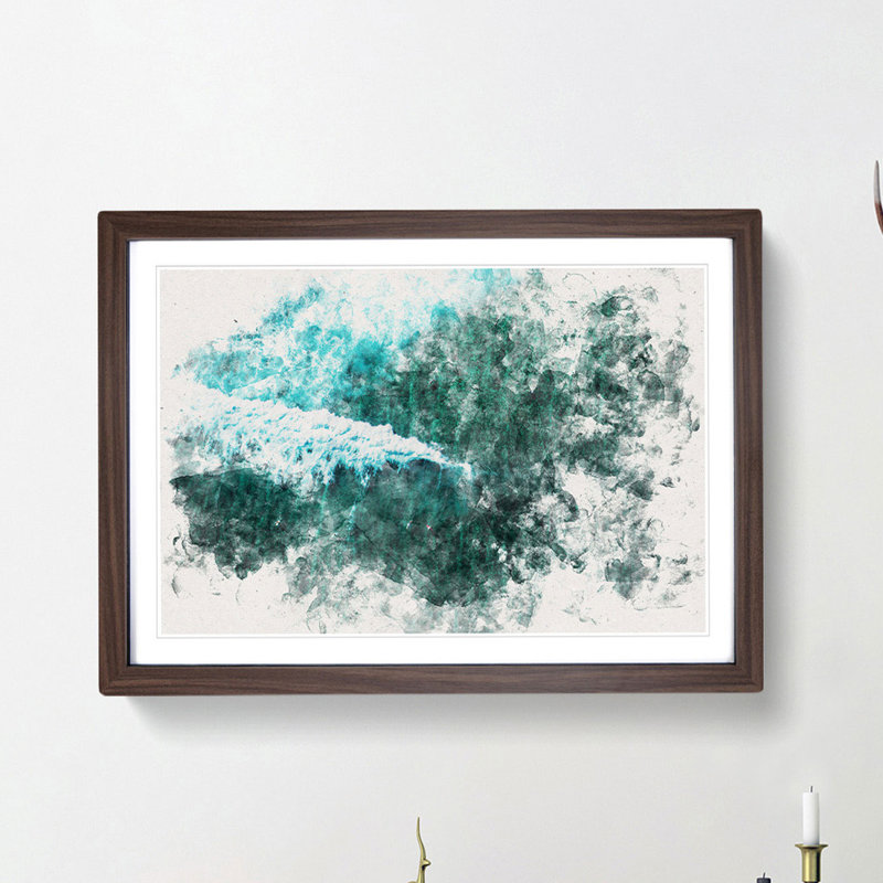 Surfers in the Ocean Watercolour - Picture Frame Graphic Art Print, 62cm H x 87cm W x 2cm D, Walnut Framed