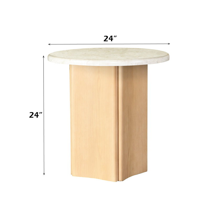 Table d'appoint avec plateau en marbre de 32 mm d'épaisseur, fini chêne, en résine, supporte un poids maximal de 18 kg, et mesure 61 cm de profondeur, largeur et hauteur. Dimensions indiquées.