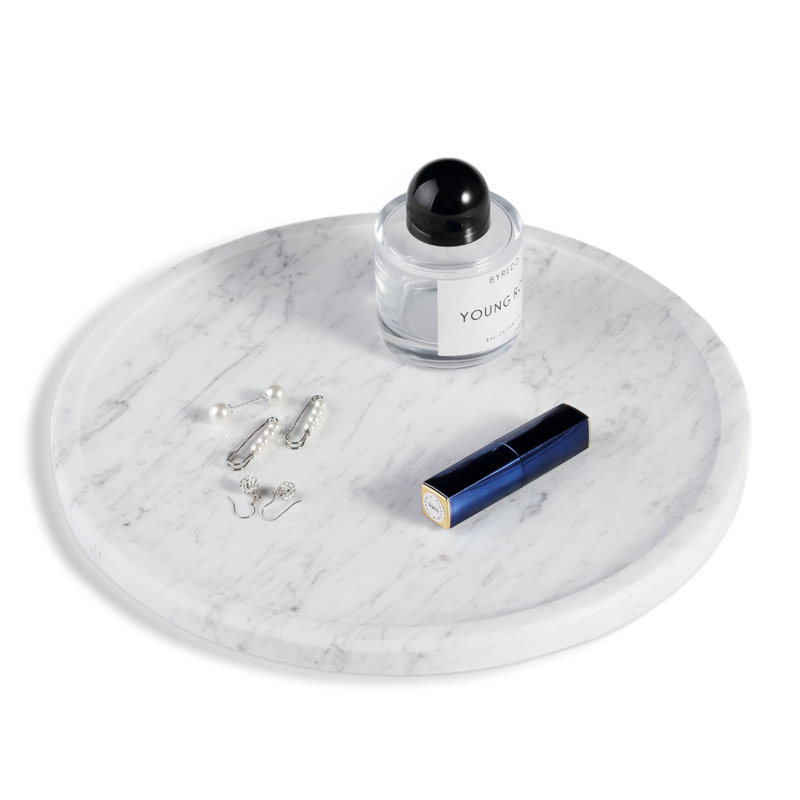 Guein 12” Round Natural Marble Tray, Bianco Carrara