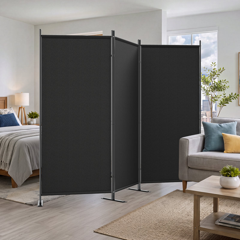 Paravent à 3 panneaux, paravent mural noir avec tissu en polyester imperméable opaque et structure en acier renforcé Q195, cloison portable pliable pour la chambre de bureau à domicile
