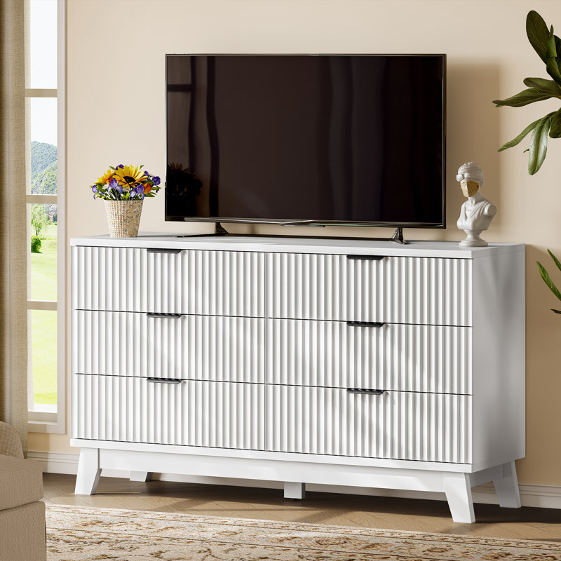 53‘’W Extra Wide Fluted 6-Drawer Dresser, Large Wave Design Storage Cabinet, Wide Chest of Drawers for Bedroom, Living Room, Hallway