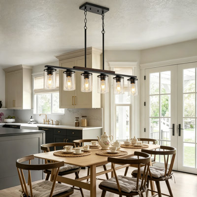 Lustre de salle à manger 40,15 pouces de style campagnard, îlot de cuisine en bois noir à 6 lumières avec abat-jour en verre transparent, luminaire suspendu à hauteur réglable pour table de salle à manger, îlot de cuisine et salon