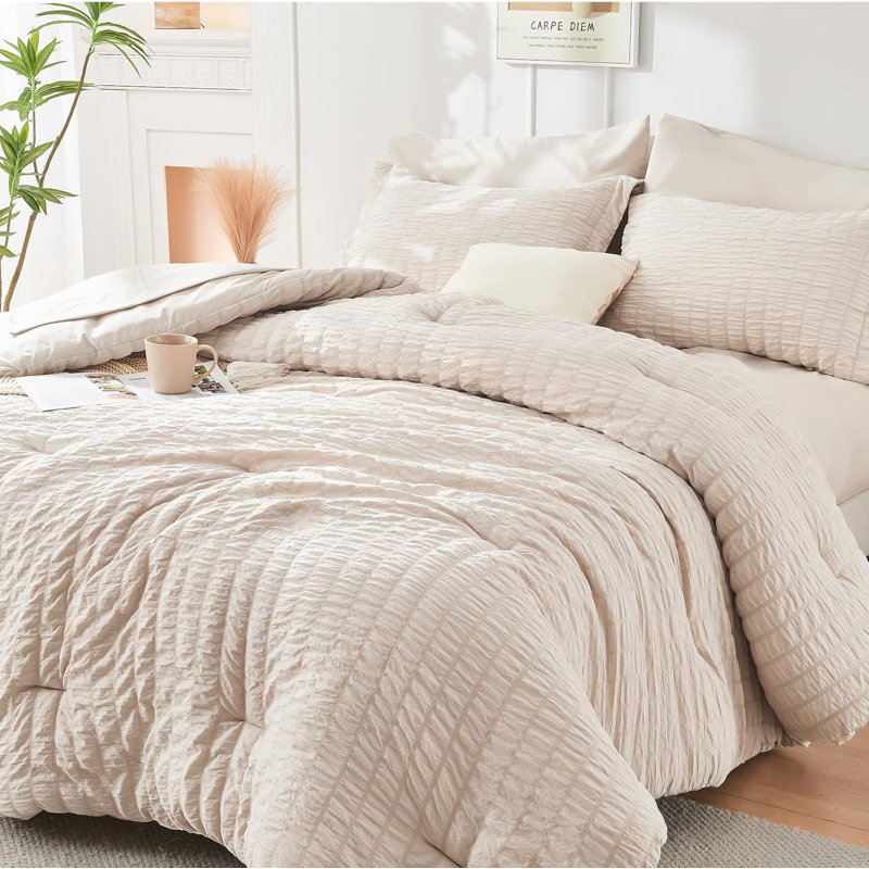 Ensemble d'édredon pour lit dans un sac toutes saisons 7 pièces, Beige, King Comforter + 6 Additional Pieces