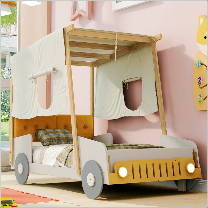 Lit voiture simple en bois avec coussin et plafond pour enfants, conception naturelle et écologique