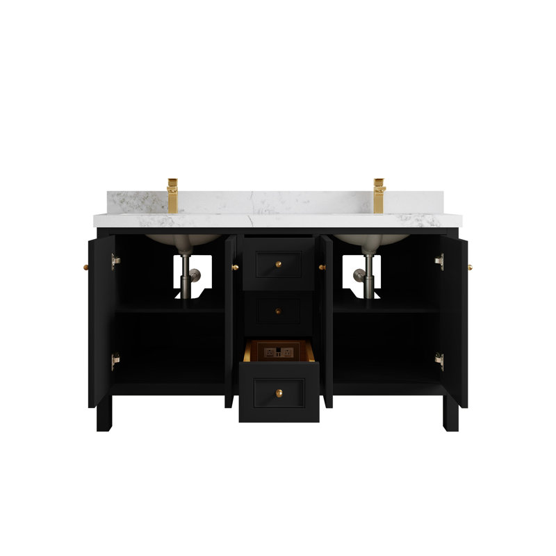 Nashville X P 22 po D Meuble-lavabo double avec 2 po Quartz, Noir, Calacatta Nuvo
