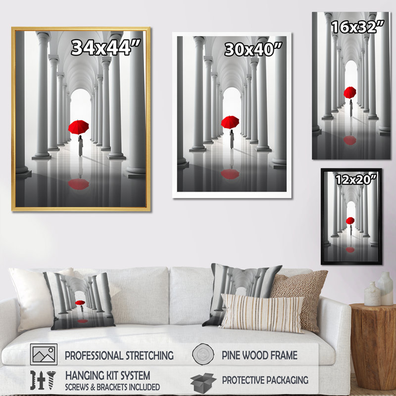 «The Red Umbrella Minimal Architecture I», reproduction sur toile, Cadre simple blanc, H 32 po x l 24 po x P 1 po