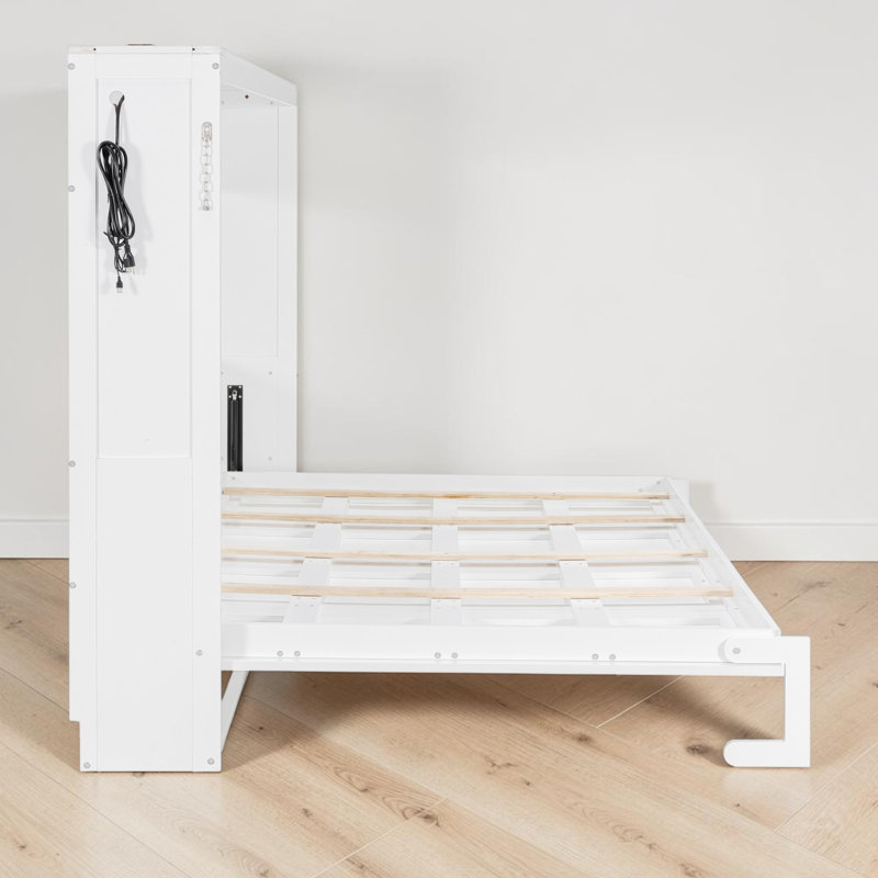 Lit escamotable, conception à pliage latéral peu encombrant, bois, éclairage DEL et port USB, moderne et contemporain, pièce multifonctionnelle
