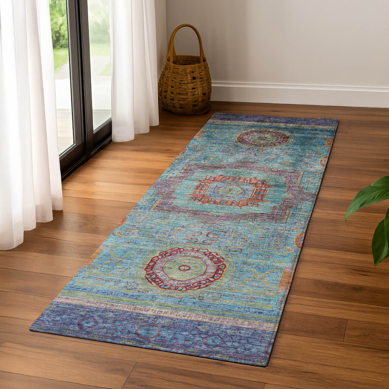 Premium Machine Washable Mayfield AMF2159 global Rug, Runner2'3" x 7'6", Teal