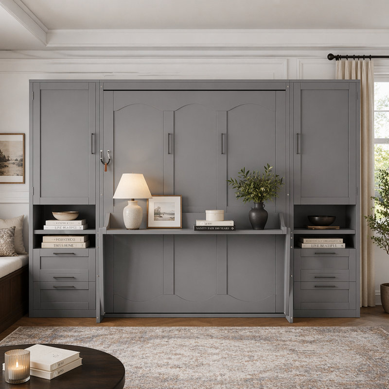 Lit escamotable mural avec placard, tiroirs et tablettes Murphy, Gris