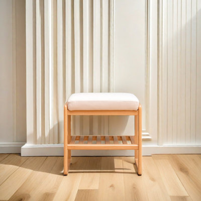 Banc à chaussures en bois massif naturel 23,6 po avec coussin en mousse à mémoire de forme - Organisateur de rangement en bois de hêtre pour entrée, capacité de 300 lb, tablettes à 2 niveaux, assemblage facile
