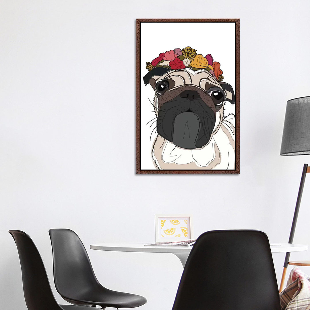 Mops mit Blumen von Sketch And Paws - Galerie-verpackte Leinwand Giclée auf Leinwand