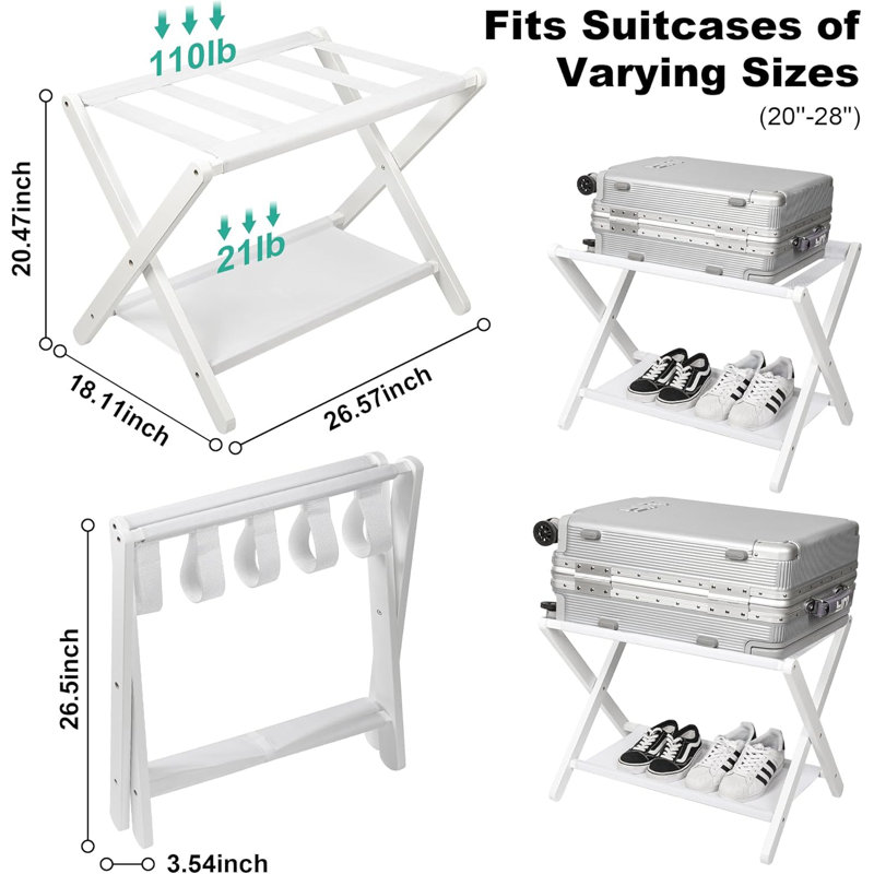Folding Suitcase Stand With Storage Shelf, White