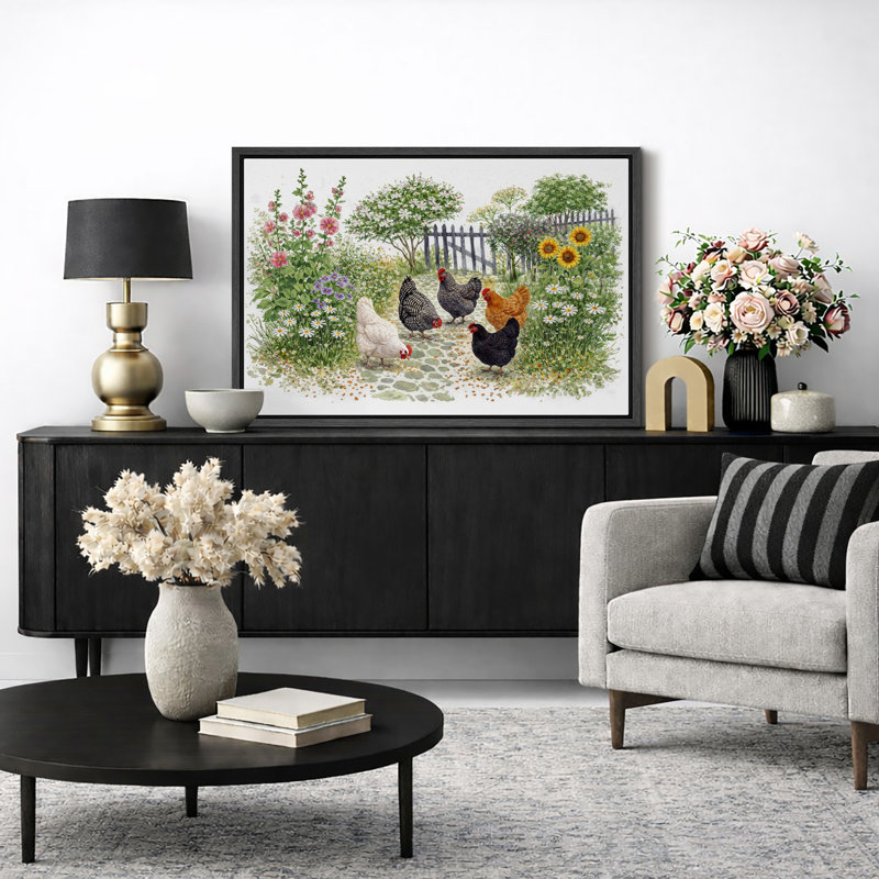 «Hens in Garden», art de la ferme, impression sur toile encadrée, H 16 po x l 24 po x P 1,5 po, Cadre noir