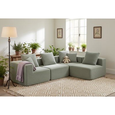 Modular Sectional For Living Room, Full-Foam Build, Textured Light Green Upholstery, Compact Compressed Package, Simple Assembly, Overall 111"X74"X24", 37" Module Size-Light Green