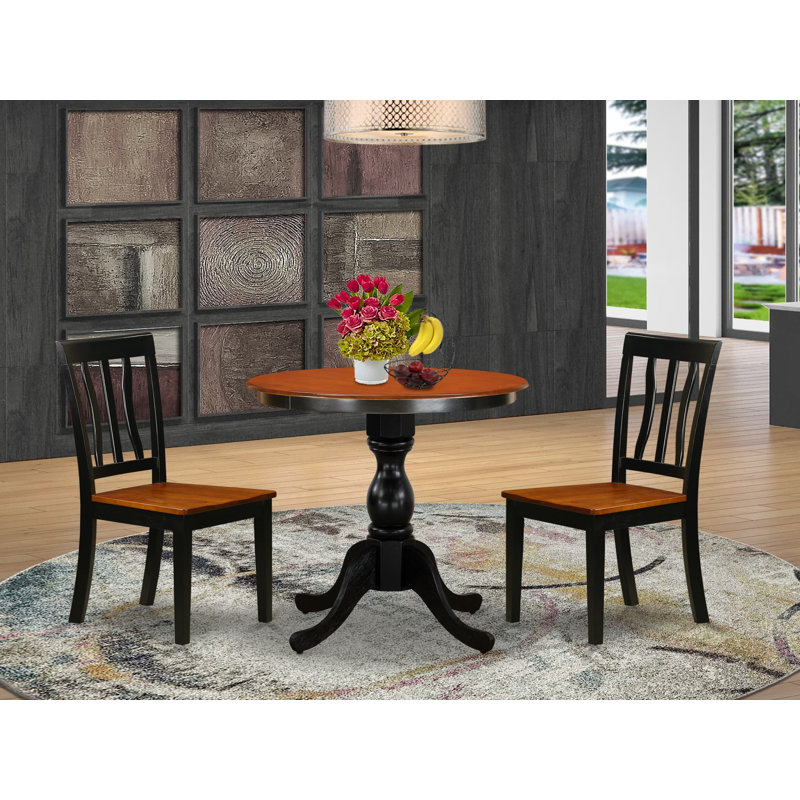3 Piece Kitchen Table Set for Small Spaces Contains a Round Dining Table with Pedestal and 2 Solid Wood Seat Chairs, Black & Cherry