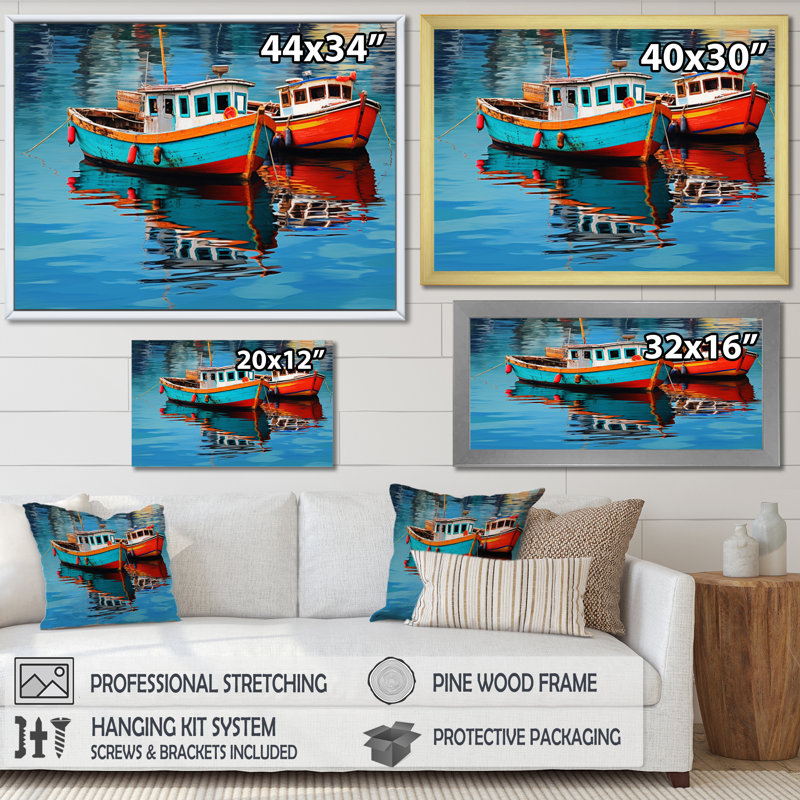 Bateau de pêche Melody II - transport, art mural, salon, Cadre flottant doré, H 16 po x l 32 po x P 1 po
