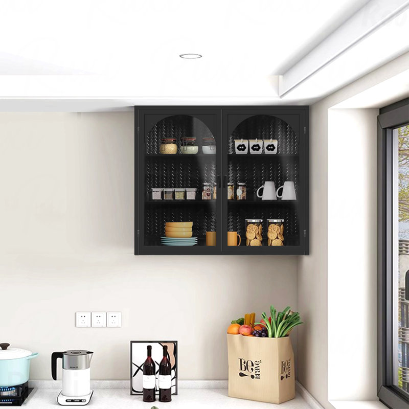 27.56" Black Modern Two-Door Wall Cabinet with Glass Doors - Three-Tier Storage, Woven Pattern, for Entryway & Bathroom