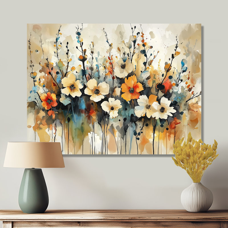 «Wildflowers Blooming Abstract Symphony II», art mural en métal fleurs sauvages pour le salon, H 16 po x l 32 po