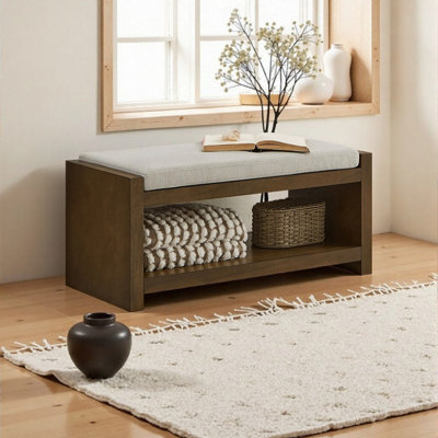 40 Inch Storage Bench Ottoman with Shoe Rack Shelf, Padded Seat and Removable Cushion