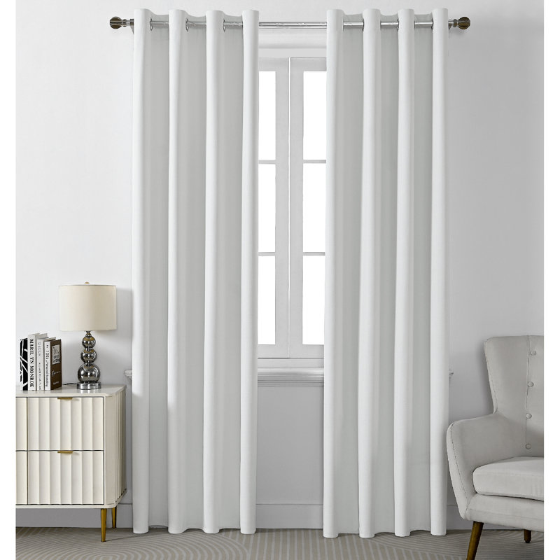 Leming Linen Like Polyester Blackout Room Darkening Grommet Curtain Pair, White, 52" W x 120" L