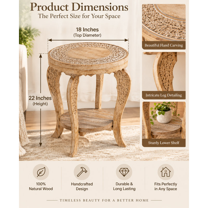 Hand-Carved Solid Wood End Table