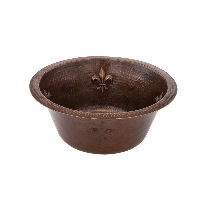 16" Round Copper Bar Sink w/ Fleur De Lis and 2" Drain Opening