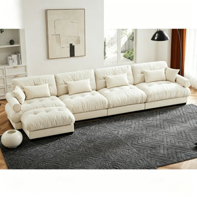 L Shaped Sectional Cloud Sofa , Convertible Deep 4 Seater Modular Couch for Living Room,Modern Velvet Comfy Upholstered Corner Couch Waist Pillows, Throw Pillows and Blostered Armrests