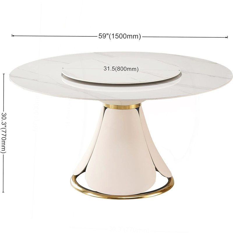 Round Dining Table Set For 6, Sintered Stone Round Kitchen Table With Petal-Shaped Unique Design, Dining Room Table Set Petal Pu Leather & Metal Base (59'' Table With 6 Brown Chairs)