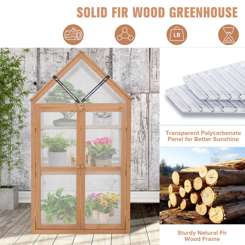 Natural Fir Wood Cold Frame Greenhouse with Adjustable Shelves