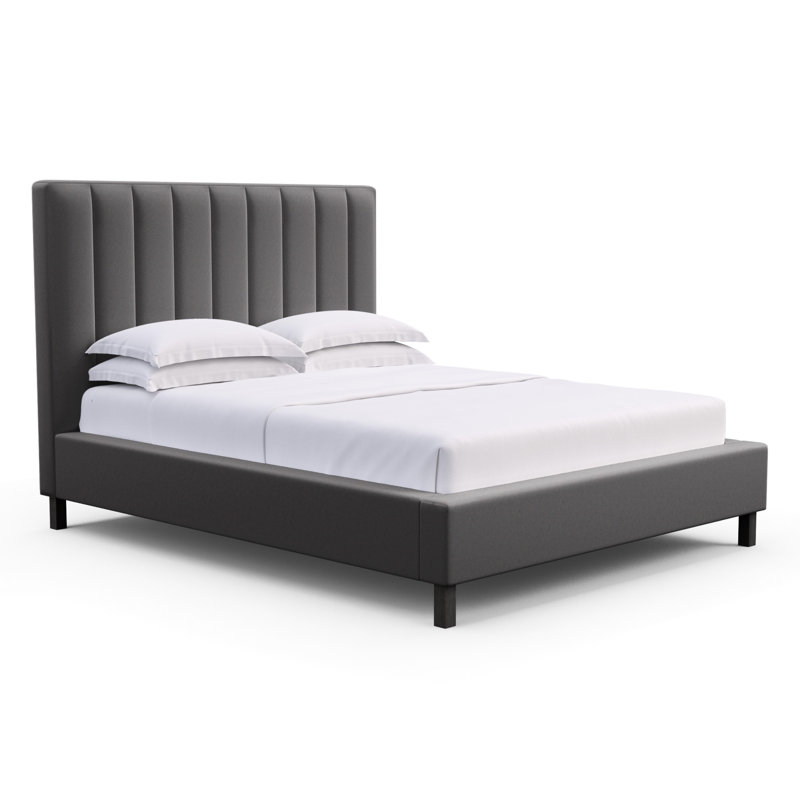 Highline Upholstered Bed, Box Weave Linen Marzipan, Full, Ebony
