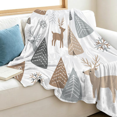 Jeté en molleton blanc ultra doux en flanelle, motif de renne sans couture