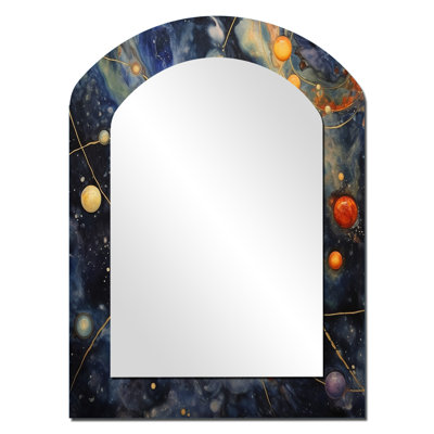 Blue Yellow Galactic Universe - Comets Arch Decorative Mirror, Modern Asymmetrical Large Wall Mirror, Printed Metal Art