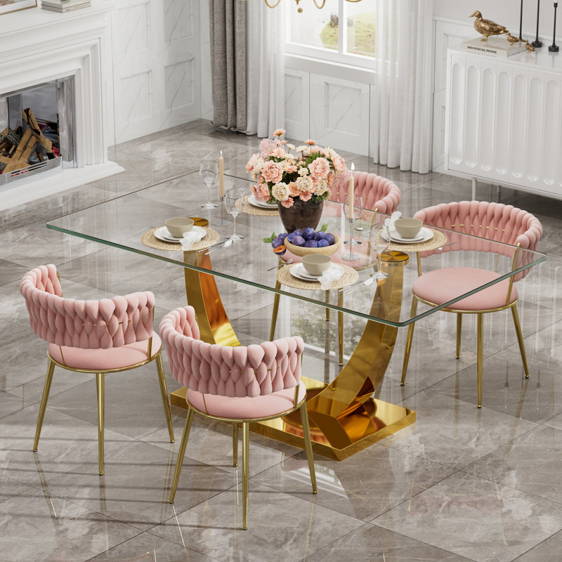Ensemble de salle à manger à piédestal rectangulaire avec chaise de salle à manger en velours Modern Weaven, Table, 4 chaises