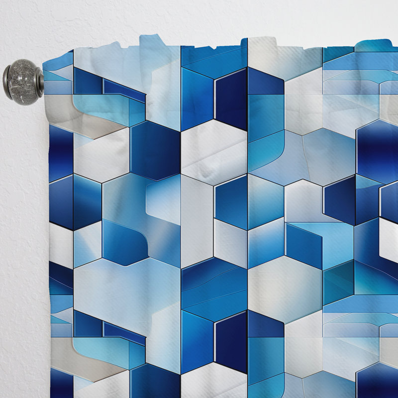 Rideau obscurcissant abstrait géométrique blanc et bleu Minimalist Polygons III - 1 panneaux, L 52 po x L 63 po
