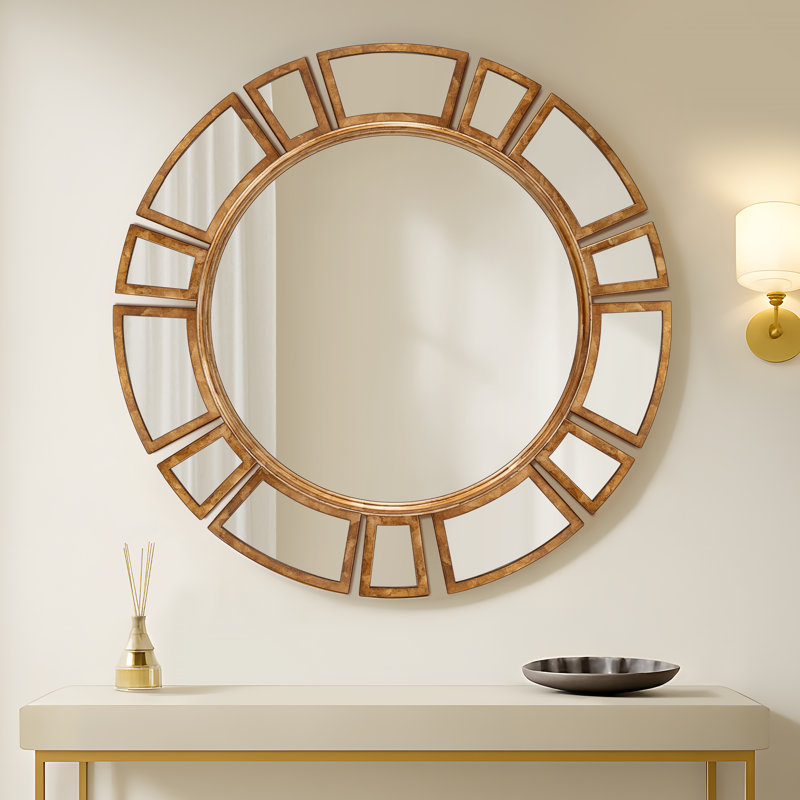 30" Antique Gold Round Wall Mirror with Sunburst Frame