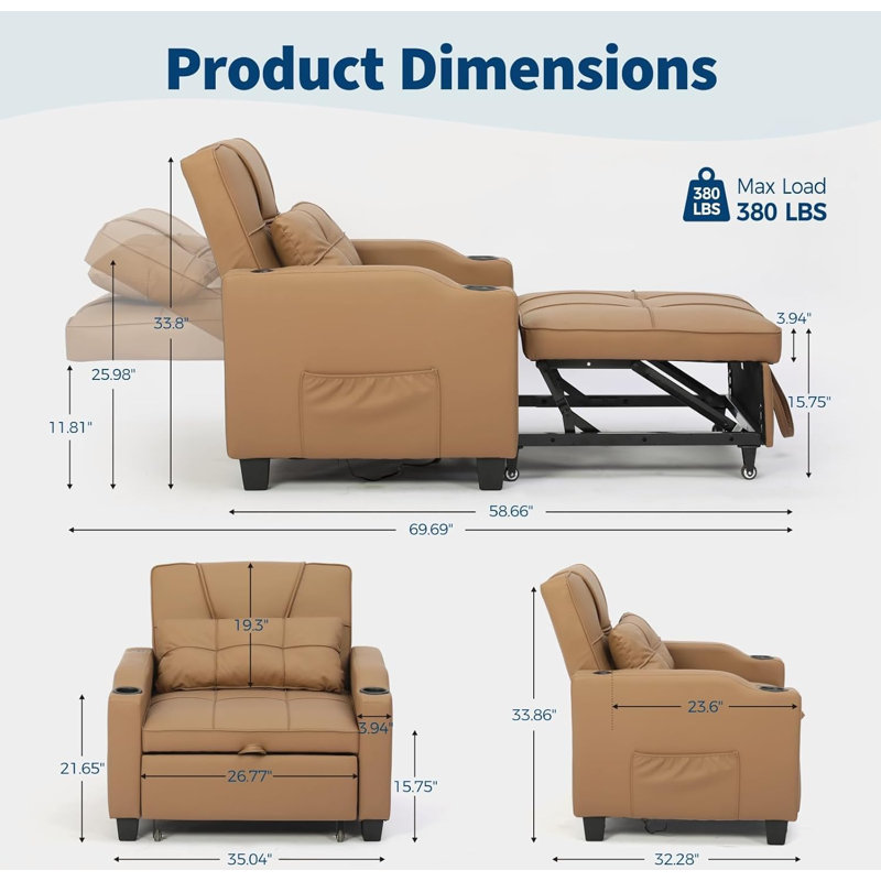 4 in 1 Convertible Sofa Chair Bed Sleeper Chair Pull Out Bed, Single Sofa Recliner w/ Vibration Massage, Lumbar Pillow, USB/Type-C Port, Cup Holders
