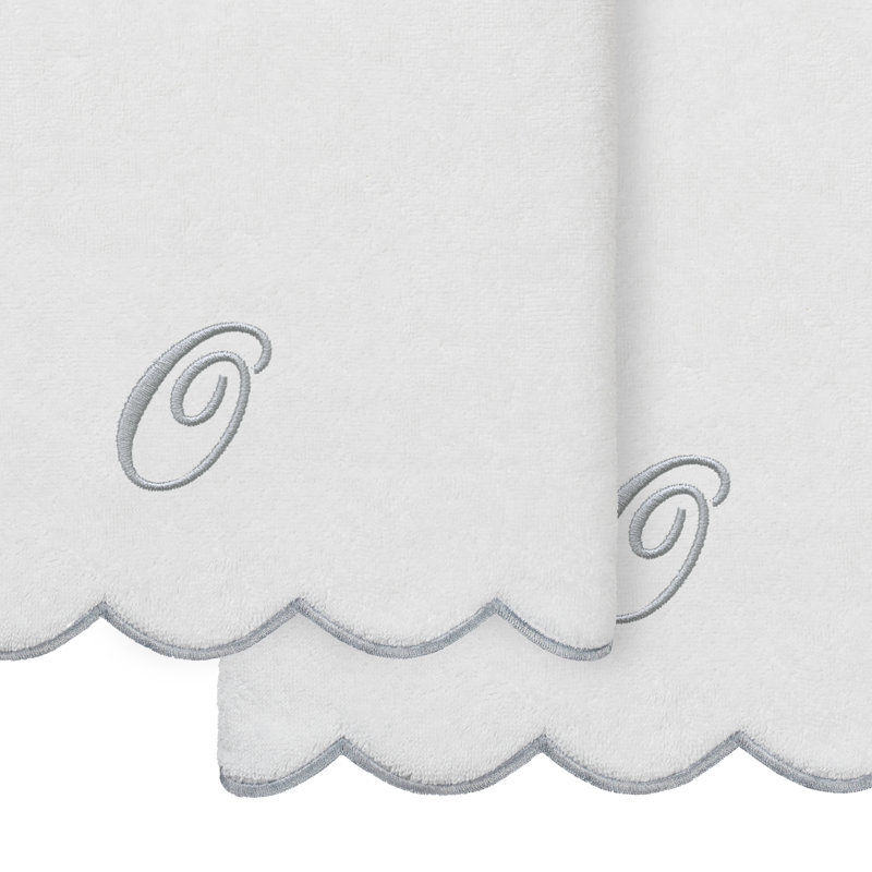  100% Turkish Cotton ADORNIA Scallop 2PC Personalized Bath Towel Set, O, White/Grey, Bath Towel - 2 Pack