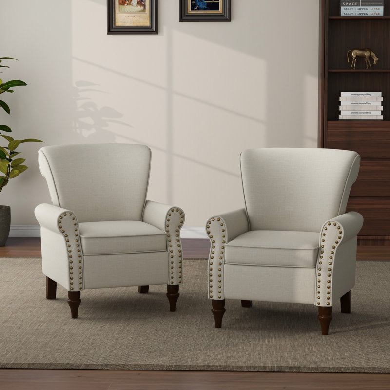 Upholstered Linen Armchair, Beige 100% Linen