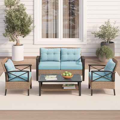 4 Piece Outdoor Rattan Seating Set With Waterproof Cushion Cushions For Patio/Balcony