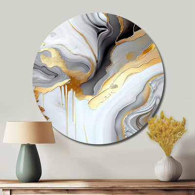White And Gold Marble Abstract II - Abstract Round Metal Art