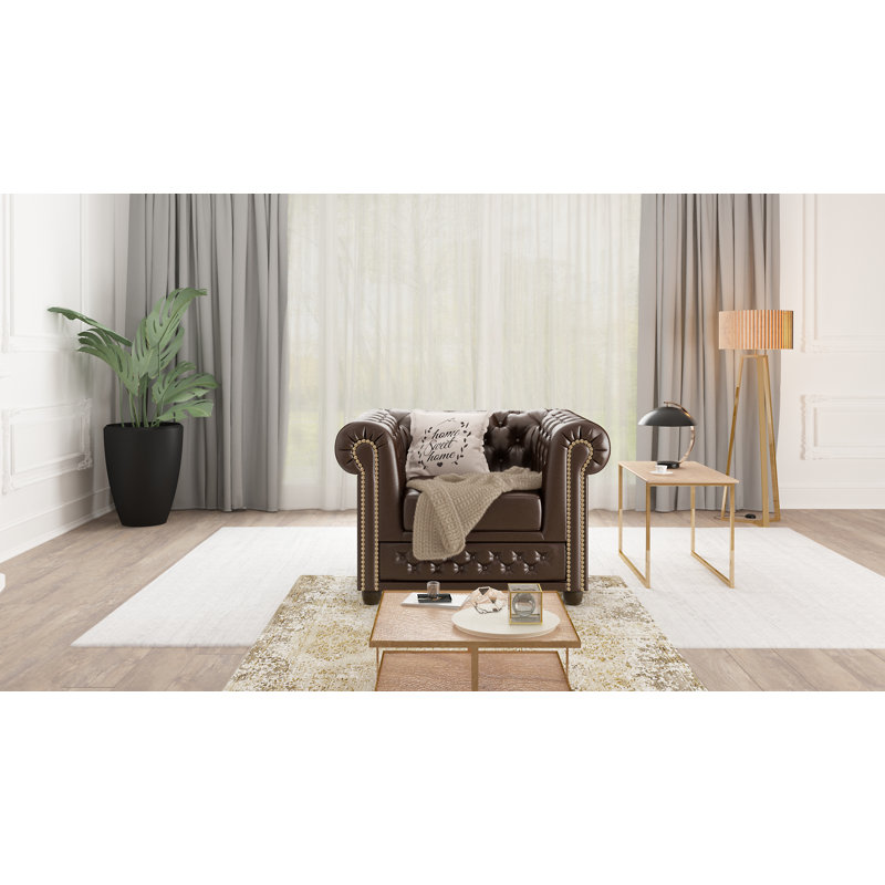 Chesterfield  Armchair Made of Vegan Leather with Solid Wood Legs, Brown