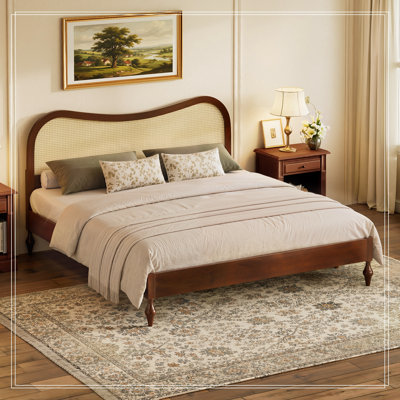 King Platform Kora Frame with Curved Rattan Cane Headboard