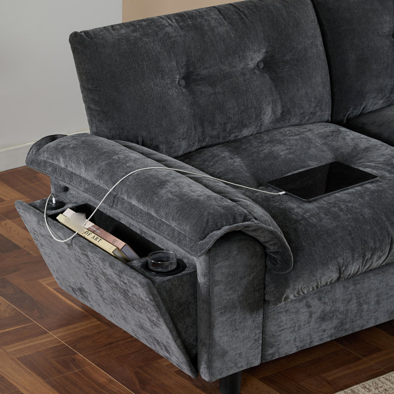 Canapé modulaire 104 po x 60 po avec accoudoirs multifonctionnels, port double, porte-gobelet, poches de rangement latérales, rembourrage en mousse mobile et haute densité en chenille gris foncé pour siège à 4 places, dimensions,