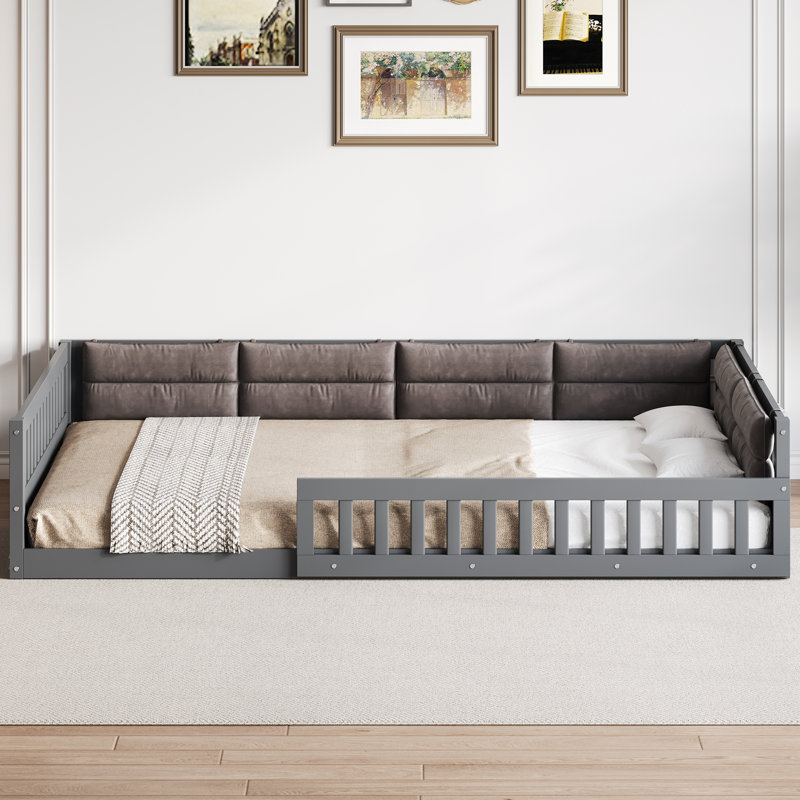 Lit plateforme tapissier en bois pleine grandeur avec garde-corps et coussin, gris, Gris