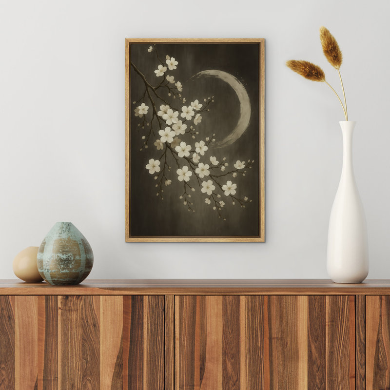 Art mural cerisier en fleurs et croissant de lune - Illustration florale foncée d'inspiration asiatique, décor botanique encadré élégant