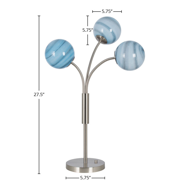 Lampe de table 3 lumières DEL en métal, Argent argent, Bleu / transparent