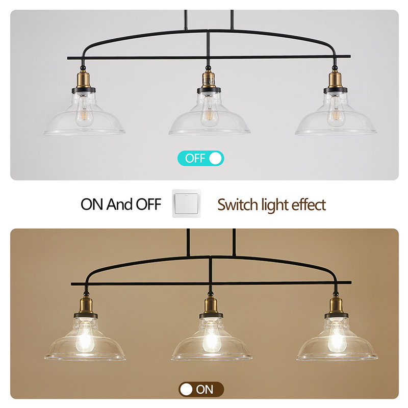 Lustre suspendu pour îlot de cuisine 3 lumières de style industriel avec abat-jour en verre transparent