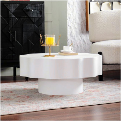Scalloped White Coffee Table: Unique Wave-Edge Shape, Elegant Focal Piece For Stylish Spaces
